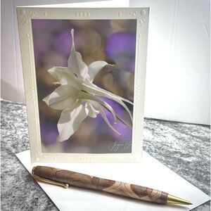 Fine art photography greeting Card white lily purple background-Fioli Gardens